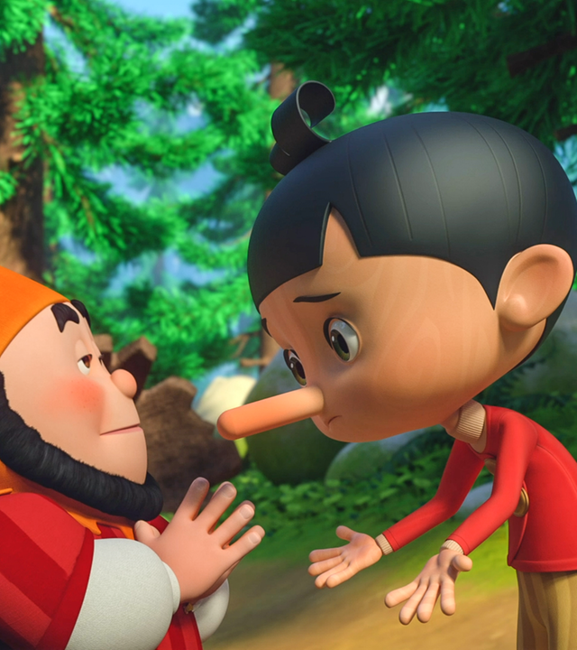 Rumpelstilzchen steht Pinocchio gegenüber. Pinocchios Nase ist lang.