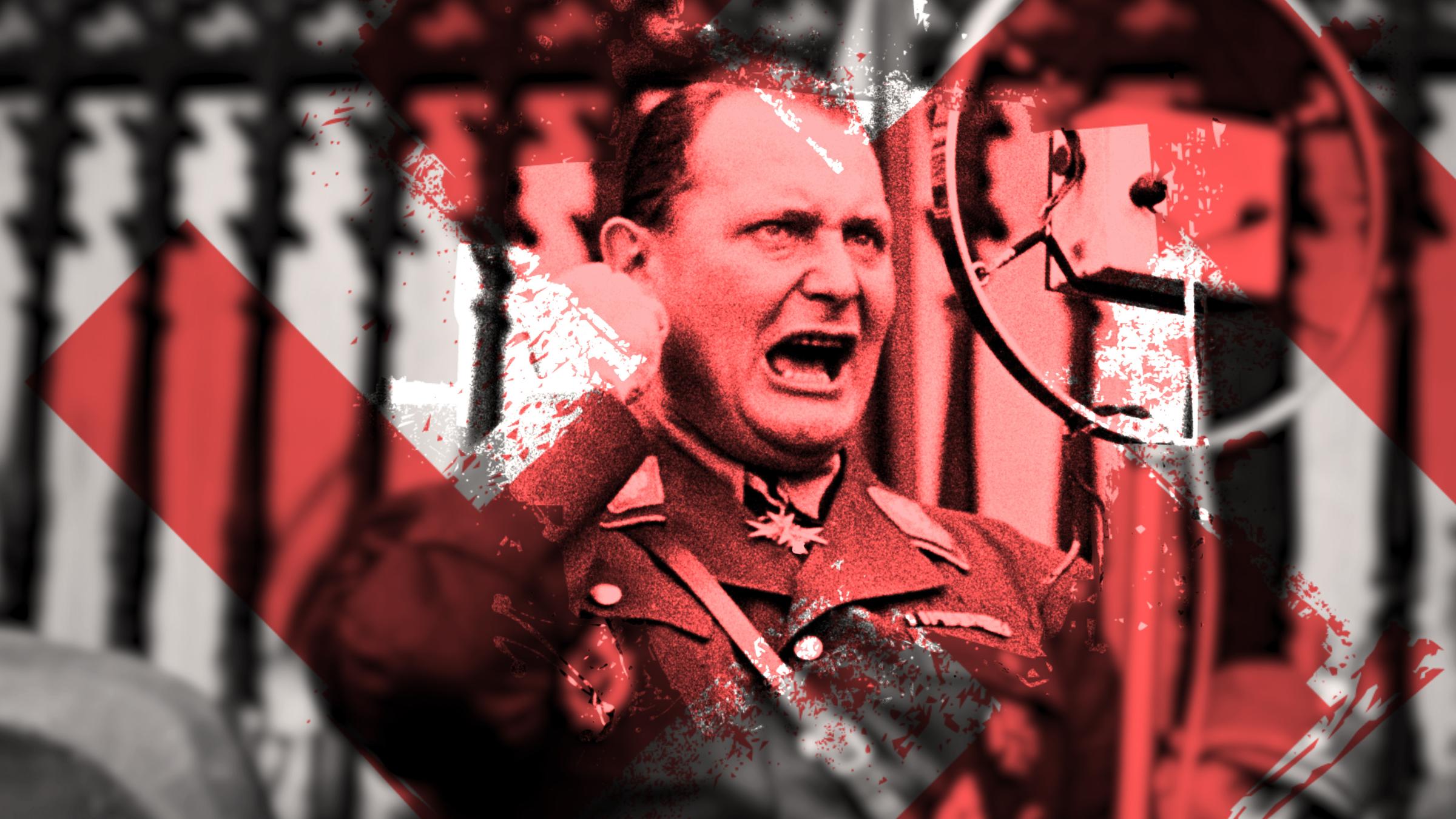 Montage: Göring steht mit geballter Faust bei einer Ansprache, ein rotes Hakenkreuz überblendet ihn.