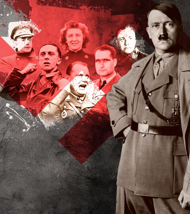 Montage: An der Seite ist ein Portrait Hitlers, dahinter liegen Abbildungen seiner treuesten Anhänger, ein rotes Hakenkreuz überblendet die Gruppe.