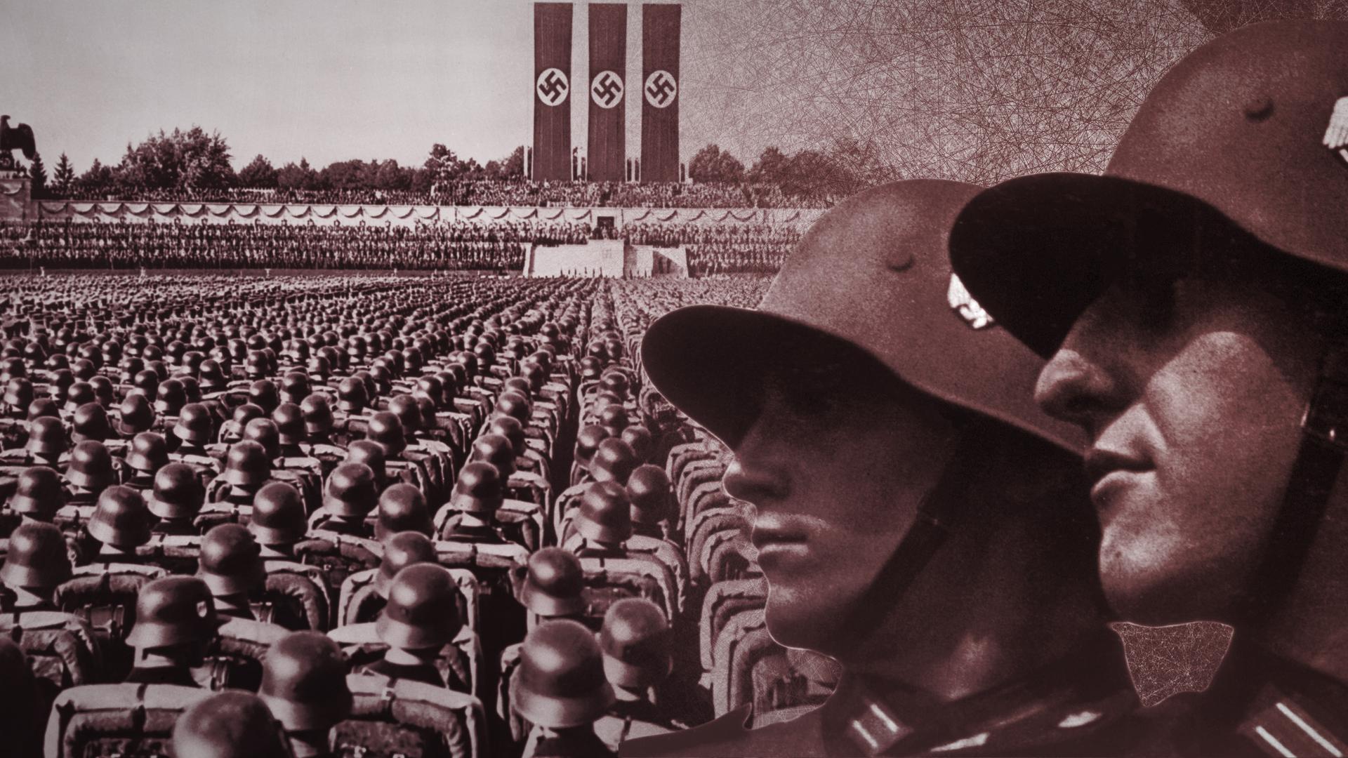 Großer Truppenaufmarsch vor drei riesigen Hakenkreuzflaggen, rechts zwei Soldatengesichter.