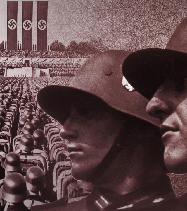 Großer Truppenaufmarsch vor drei riesigen Hakenkreuzflaggen, rechts zwei Soldatengesichter.