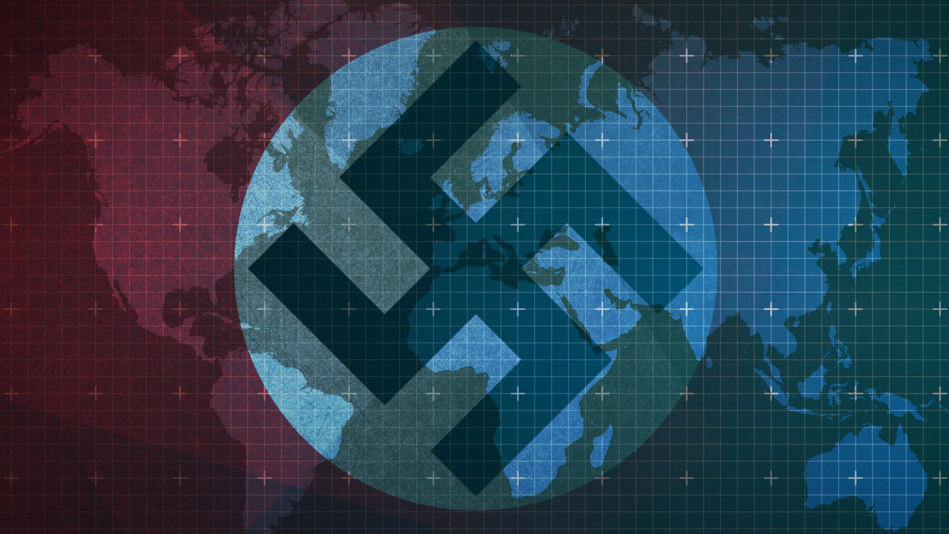 Die Hakenkreuzflagge überlagert eine schematische Weltkarte
