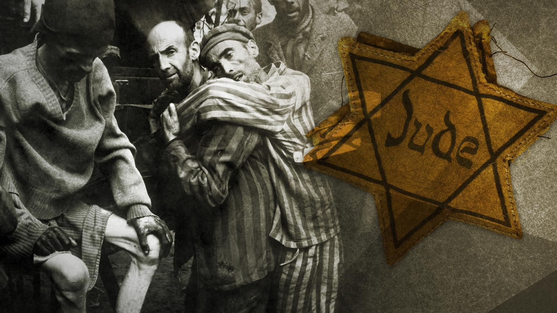 Völlig entkräftete KZ-Insassen; rechts Nahaufnahme eines Judensterns