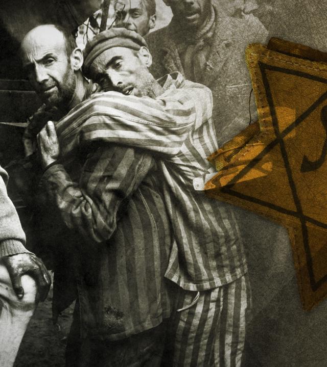 Völlig entkräftete KZ-Insassen; rechts Nahaufnahme eines Judensterns