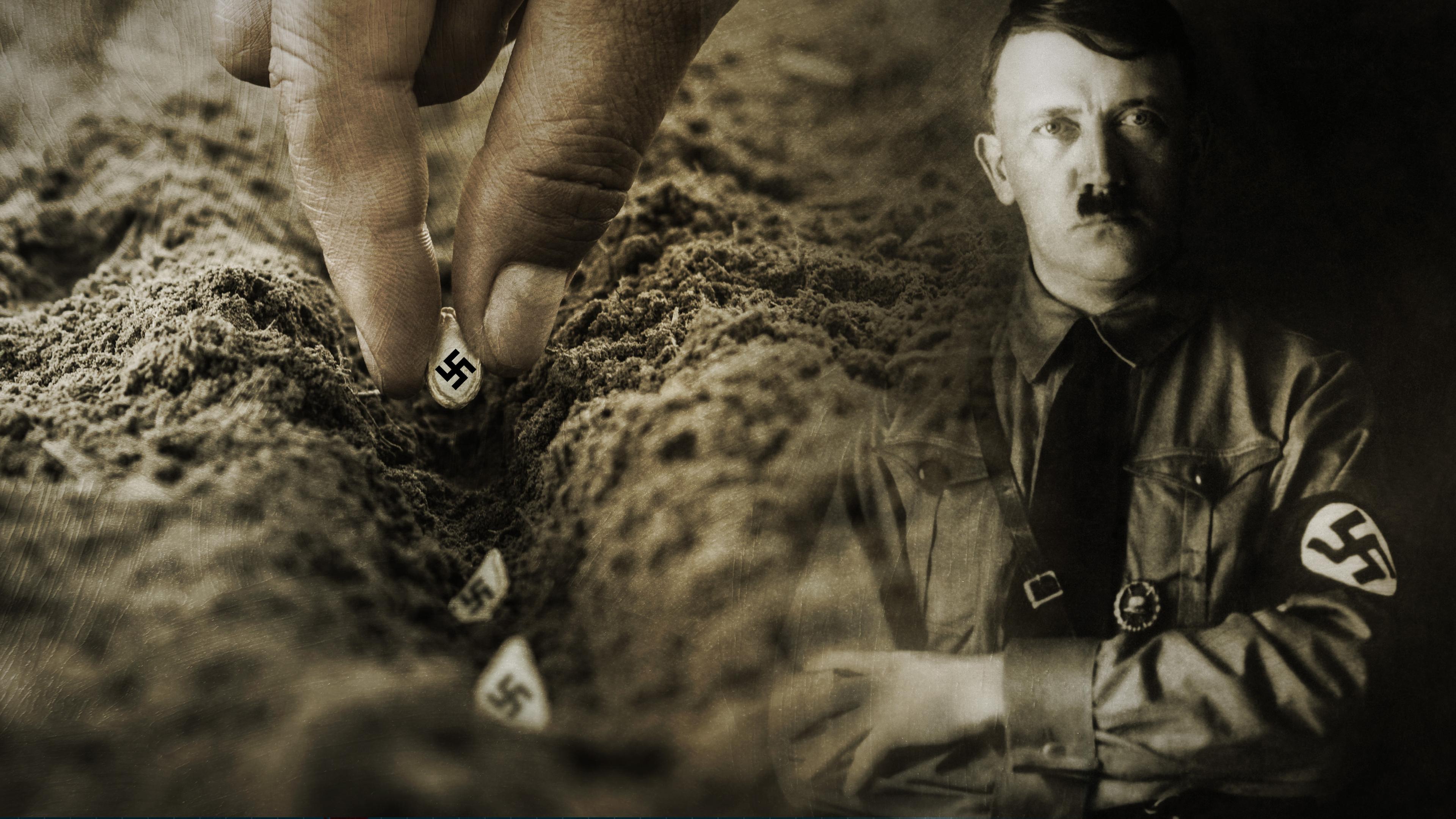 Rechts: Adolf Hitler, 1930er; links eine Hand bringt Saatgut in die Erde, auf den Körnern