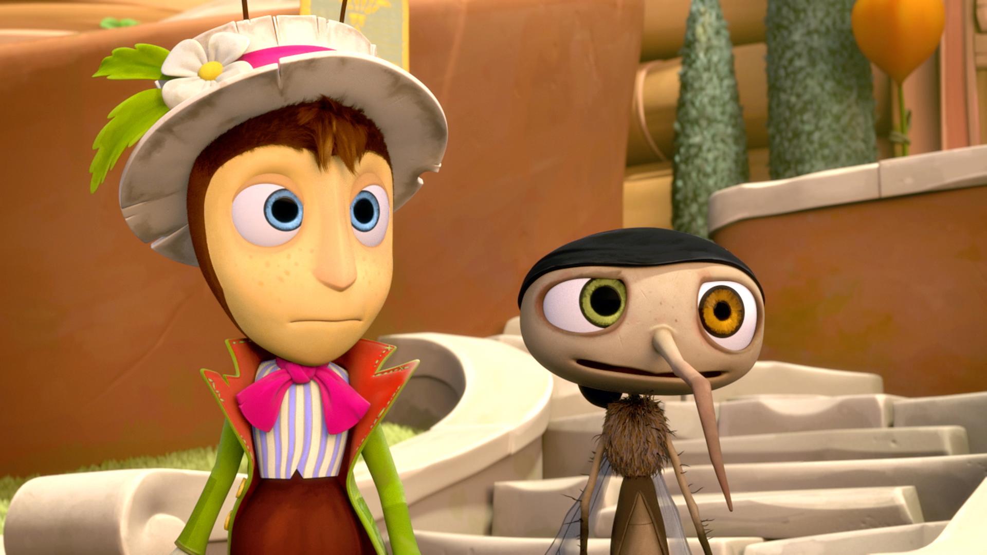 Grille Gregor (links) und Mücke Micki (rechts) sehen besorgt aus.