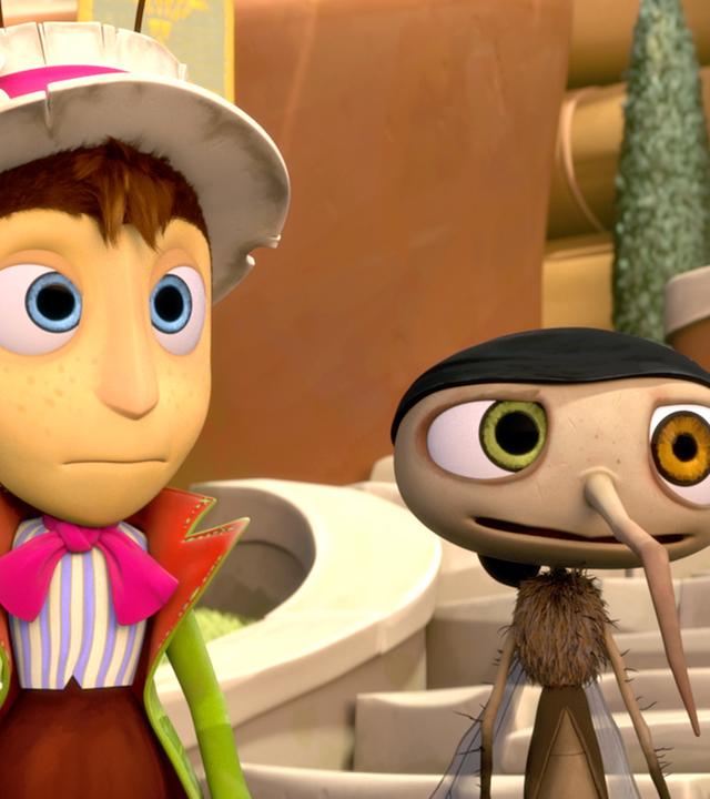 Grille Gregor (links) und Mücke Micki (rechts) sehen besorgt aus.