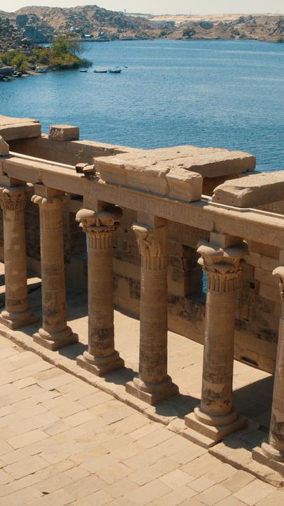 "Der Nil - Lebensader für die alten Ägypter: Geheimnisse des Pyramidenbaus": Ein Gang aus Steinsäulen, der an einem Fluss liegt.