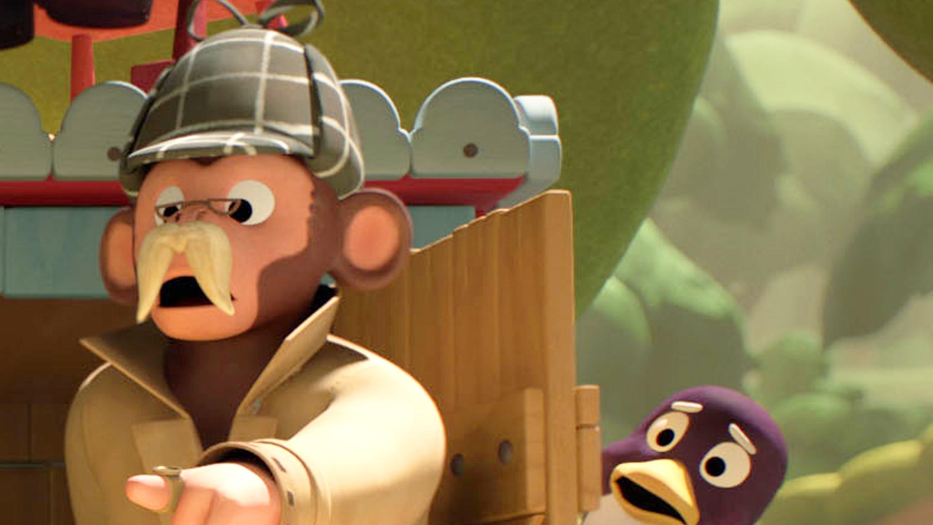 Der Detektiv (links) zeigt mit der linken Hand auf einen Teller. Pingo lugt hinter einer Tür hervor und sieht ängstlich aus.