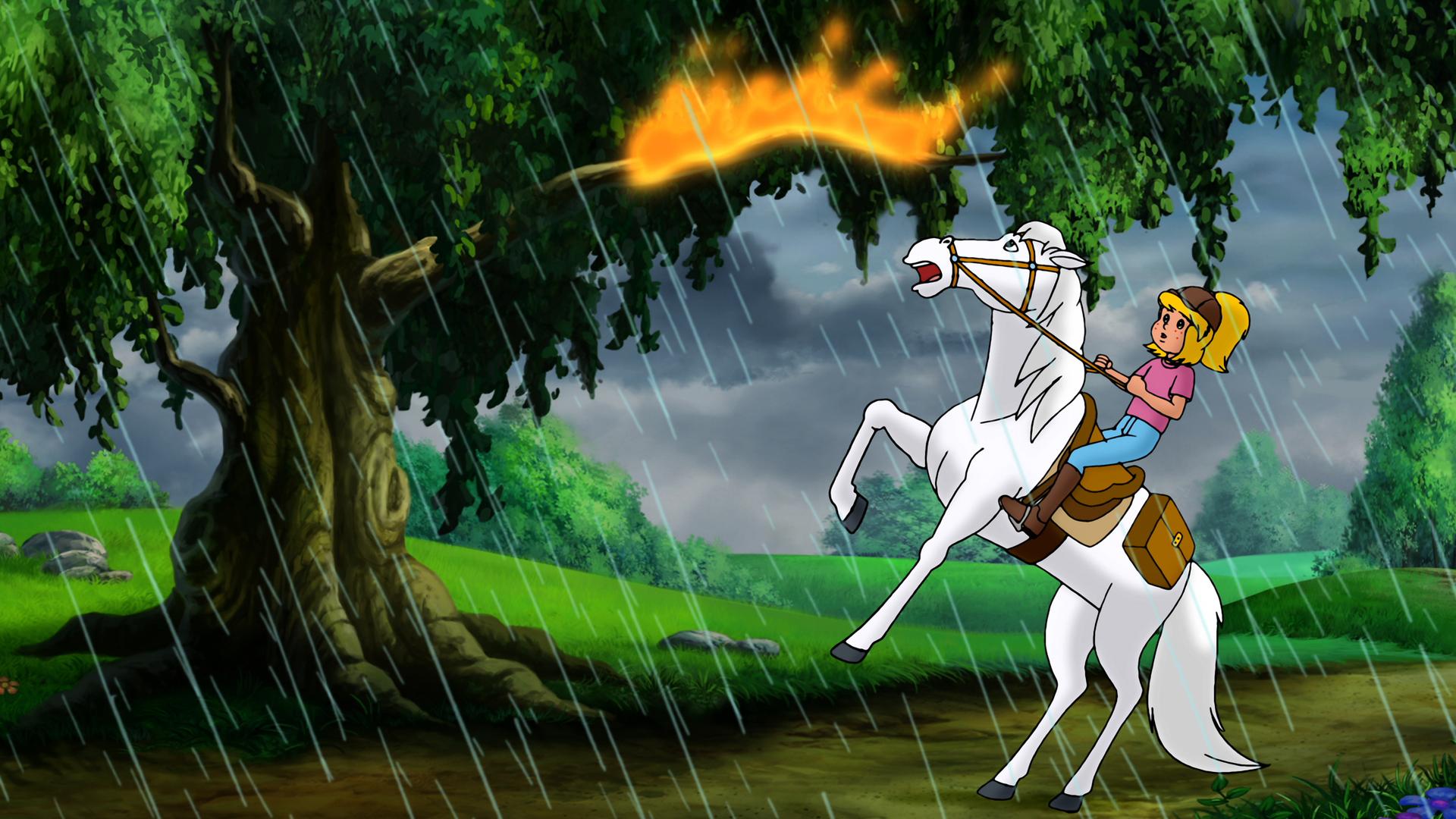 Bibi reitet während eines Gewitters auf Sabrina. Das Pferd steigt. Vor ihnen schlägt der Blitz in einen Baum ein und es regnet.