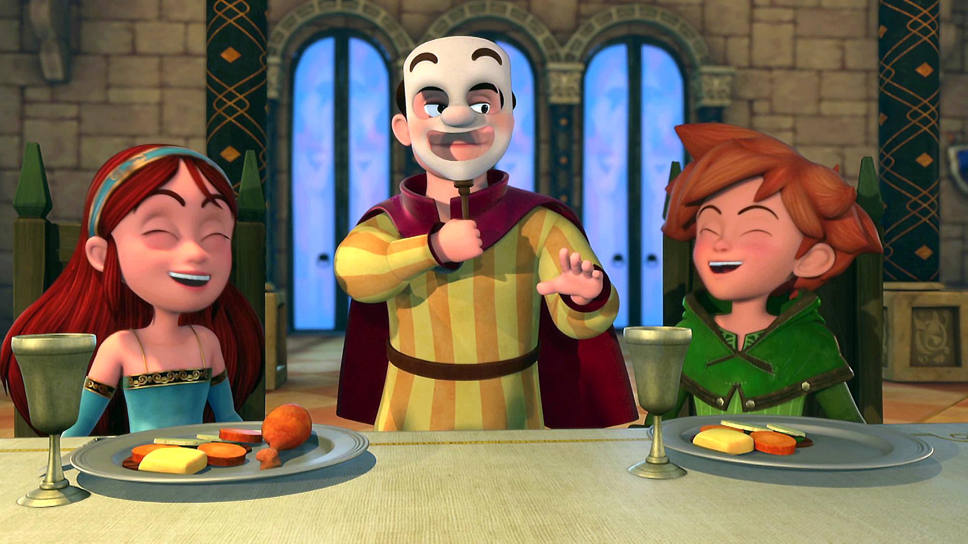 Marian und Robin sitzen am gedeckten Tisch. Zwischen ihnen steht der Possenreißer, der eine Maske trägt und die beiden zum Lachen bringt.