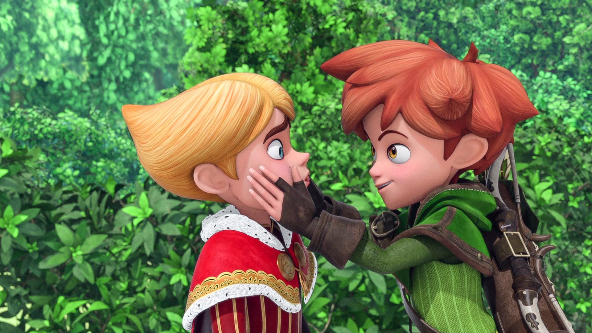 Robin Hood hält Prinz Johns Gesicht mit beiden Händen fest.