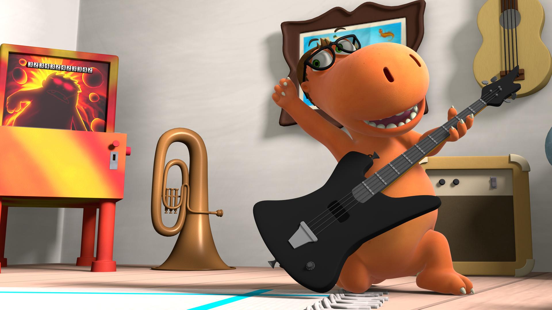 Kokosnuss ist gekleidet wie der Rockstar Rocko Rolla und spielt in einem Zimmer Gitarre.
