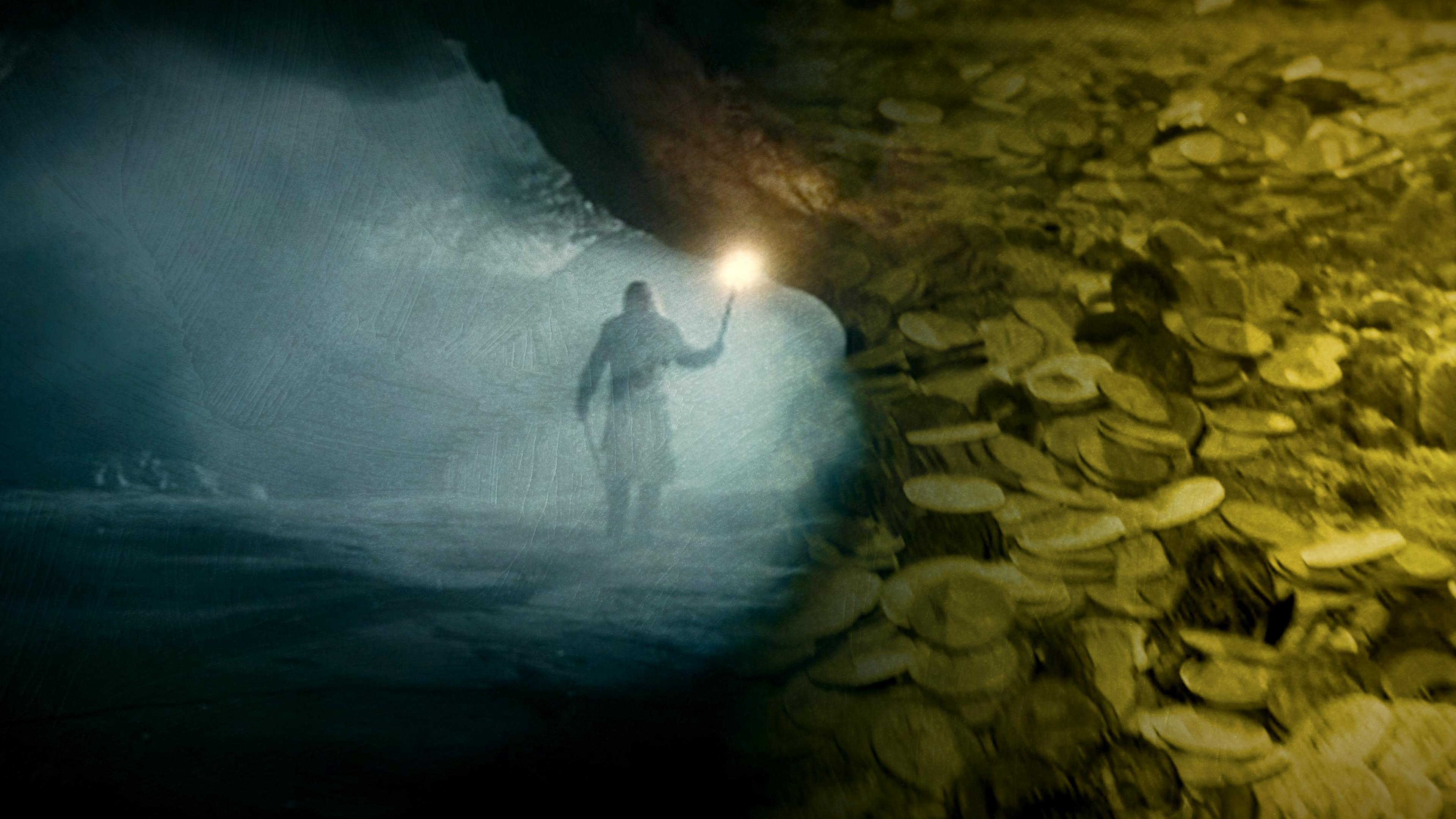 "Mythos - Die größten Rätsel der Geschichte - Der Schatz der Nibelungen": Ein Ritter betritt mit einer Fackel eine Höhle; rechts ein großer Goldschatz