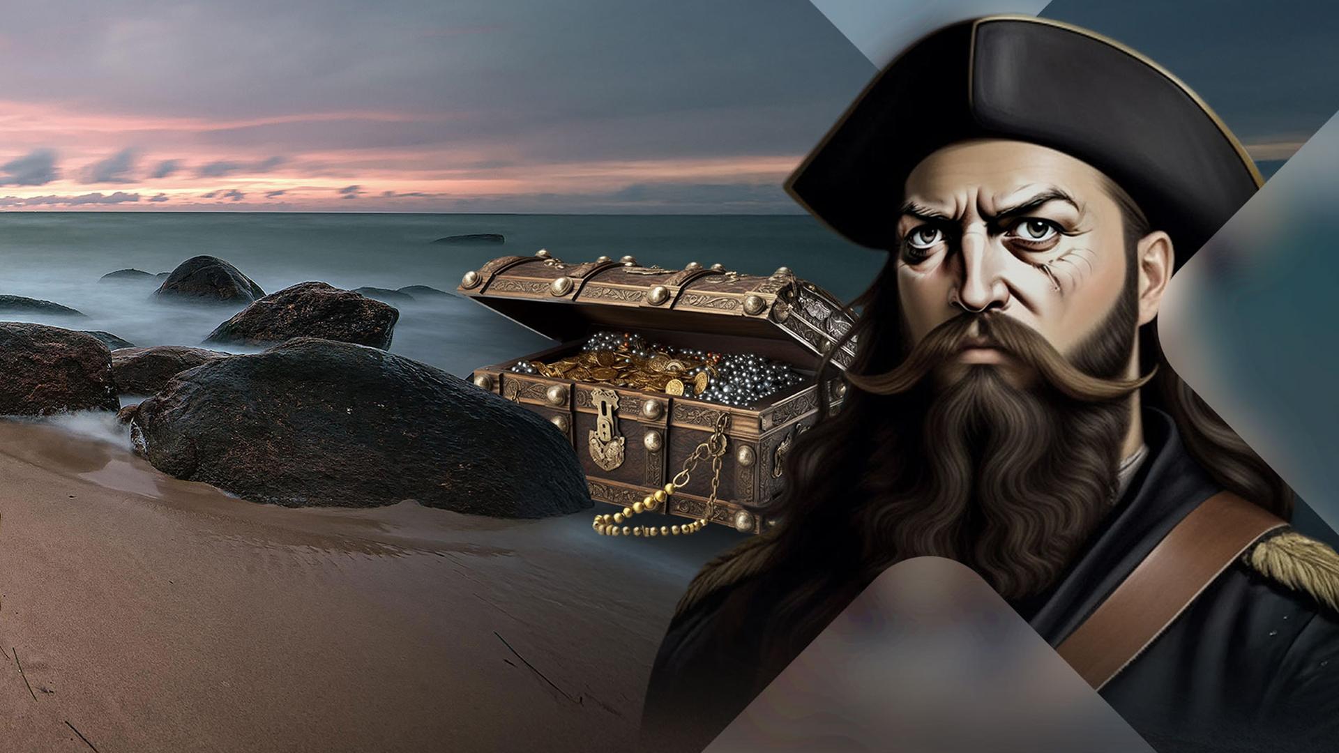 Pirat Olivier Levasseur vor einer Schatzkiste am Strand (Kollage).