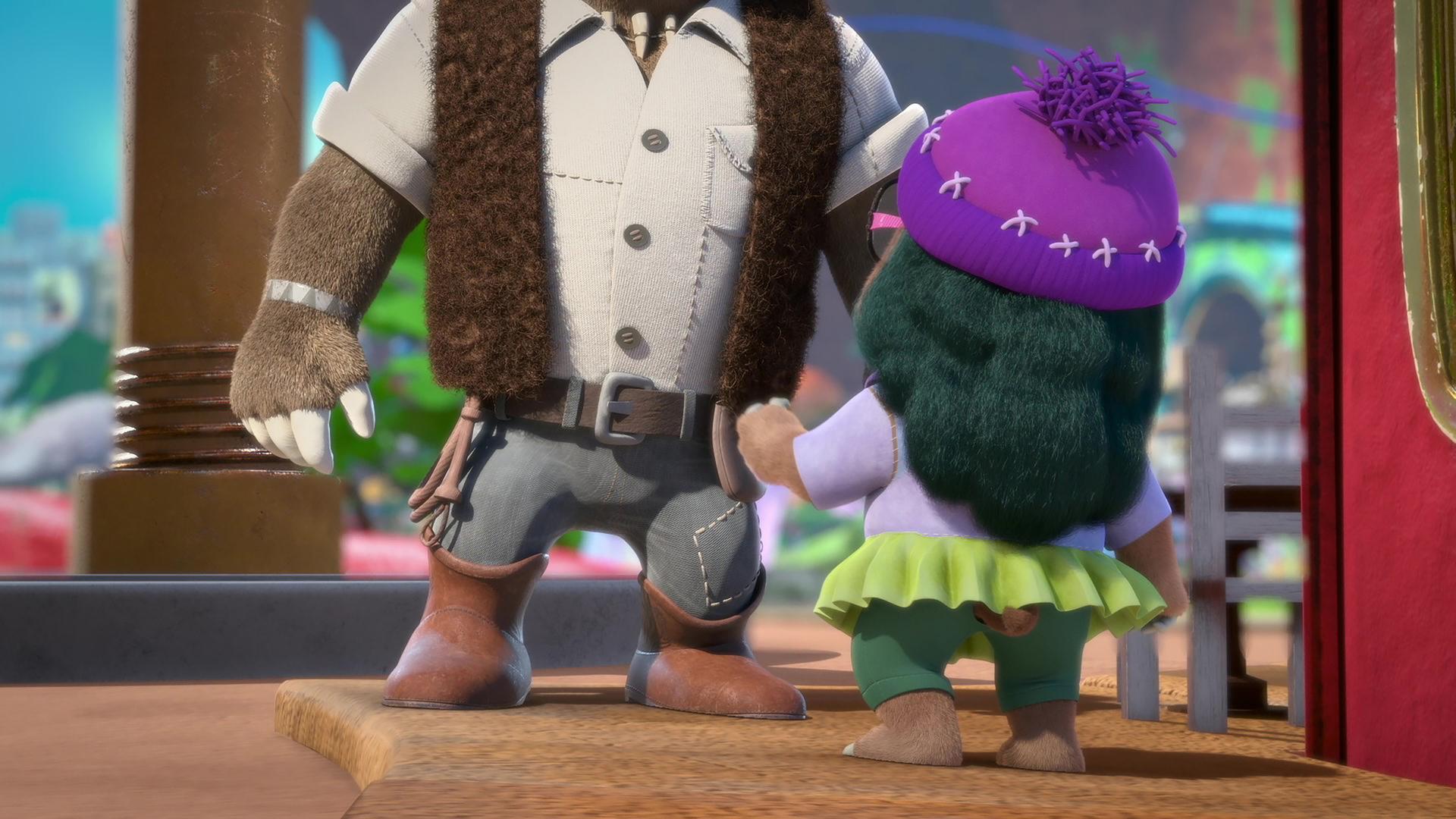 Dotty steht mit dem Rücken zur Kamera vor einem riesigen Maulwurf, der wie ein Cowboy gekleidet ist. Den Kopf des Riesen sieht man nicht, denn durch seine Körpergröße passt der Kopf nicht mehr in den Bildausschnitt.