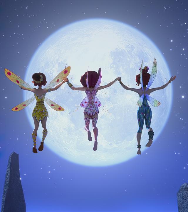 Blauer Sternenhimmel und ein riesiger, voller Mond, der leuchtet: Davor fliegen Mia, Yuko und Yukos Schwester Kuki auf den Mond zu. Man sieht sie von hinten. Sie halten sich an den Händen.