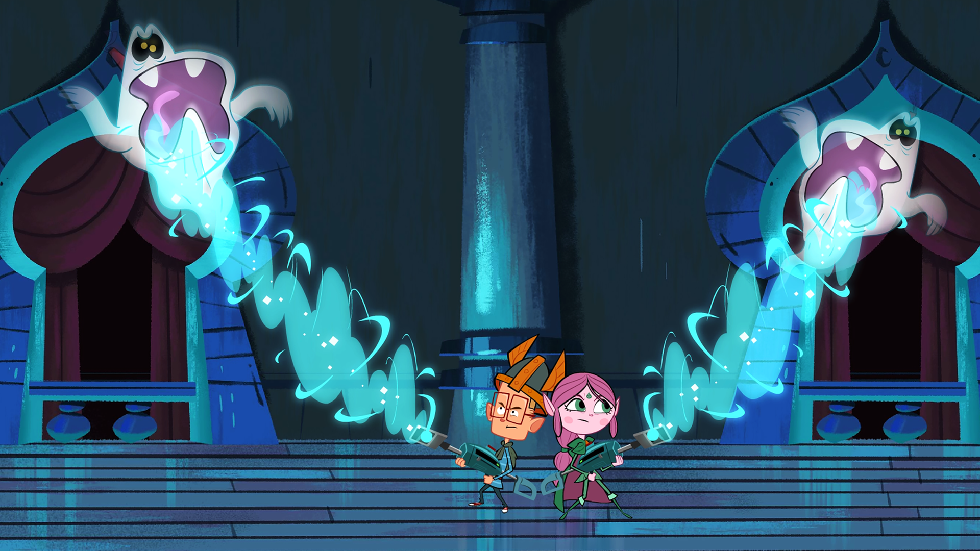 Marcus und Ephi stehen Rücken an Rücken im Palast des Kalifen und saugen mit ihrer Aspiratorwaffe die Gespenster ein, die über ihnen herfliegen und überall herumspuken.