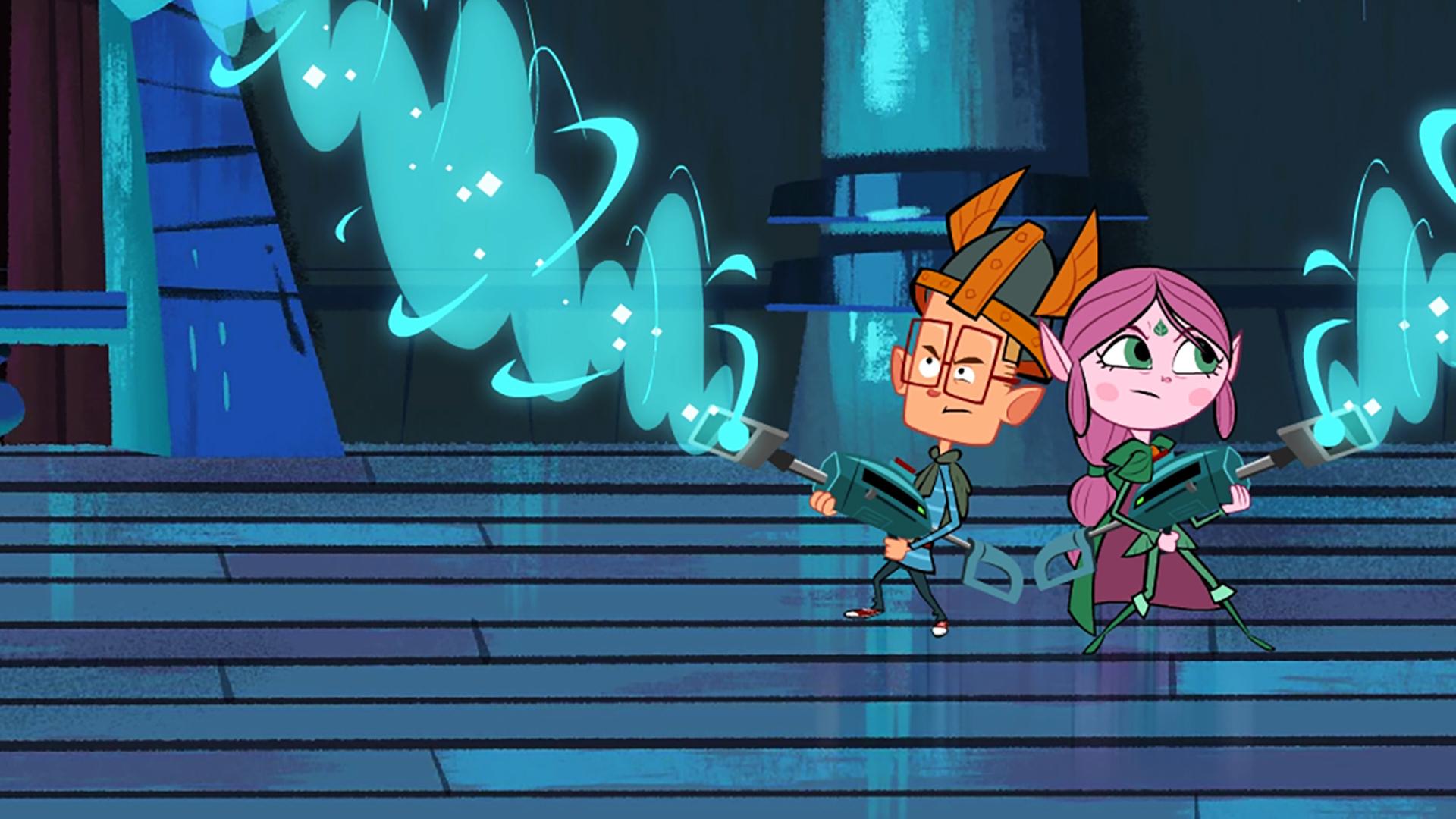 Marcus und Ephi stehen Rücken an Rücken im Palast des Kalifen und saugen mit ihrer Aspiratorwaffe die Gespenster ein, die über ihnen herfliegen und überall herumspuken.