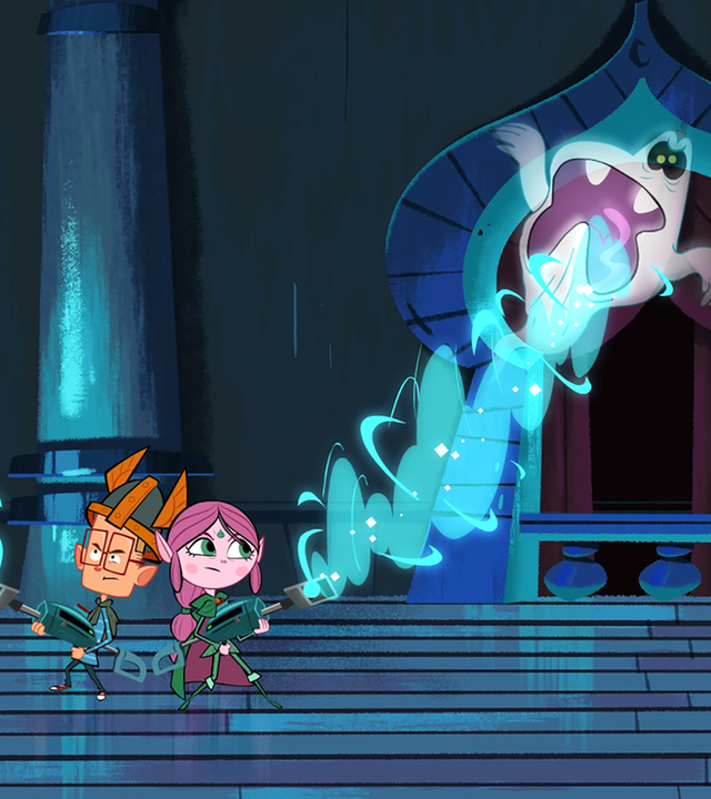 Marcus und Ephi stehen Rücken an Rücken im Palast des Kalifen und saugen mit ihrer Aspiratorwaffe die Gespenster ein, die über ihnen herfliegen und überall herumspuken.