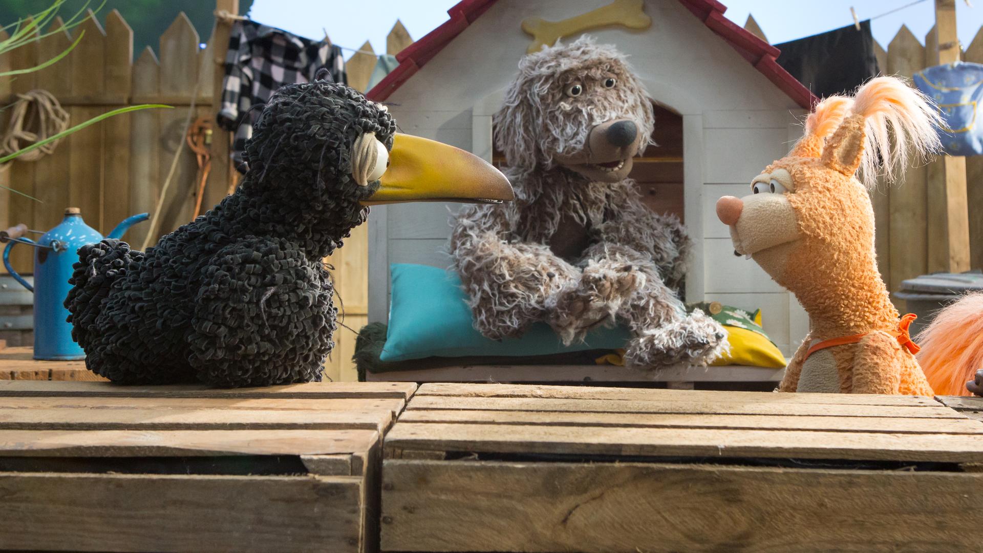 Rabe Rudi und Eichhörnchen Ella stehen sich vor der Hundehütte gegenüber. In der Hütte sitzt Hund Buffo und schaut den beiden zu. Ella hat eine rote Schleife am Schwanz.