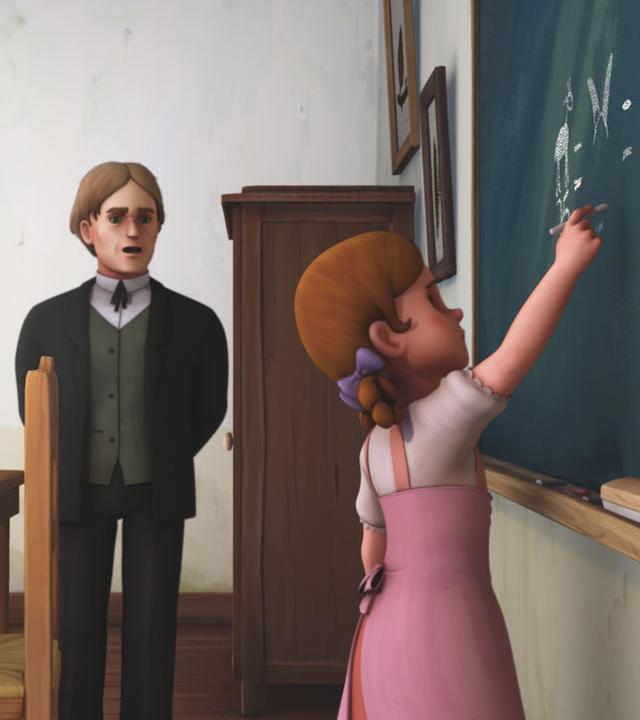 In der Schule: Theresa schreibt etwas an die Tafel, der Lehrer steht im Hintergrund.