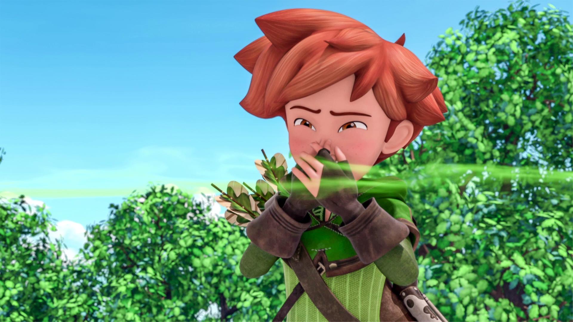 Robin hält sich die Nase zu. Um ihn herum schwebt eine grüne Duftwolke.