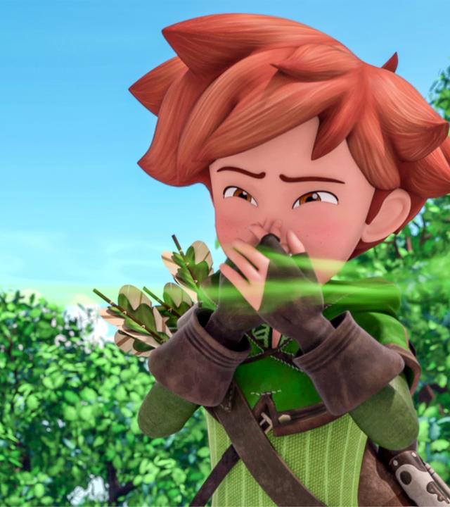 Robin hält sich die Nase zu. Um ihn herum schwebt eine grüne Duftwolke.