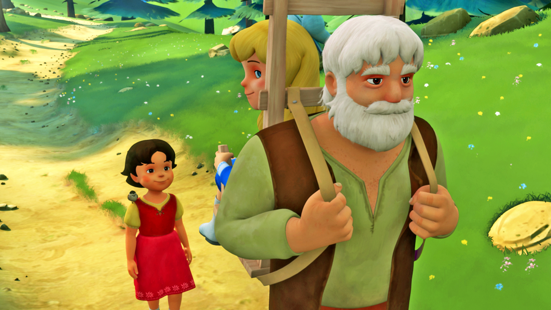 Heidi, Clara und Großvater machen einen Ausflug in die Berge. Sie laufen auf einem Weg durchs Grüne, wobei Großvater Clara auf seinem Rücken trägt.