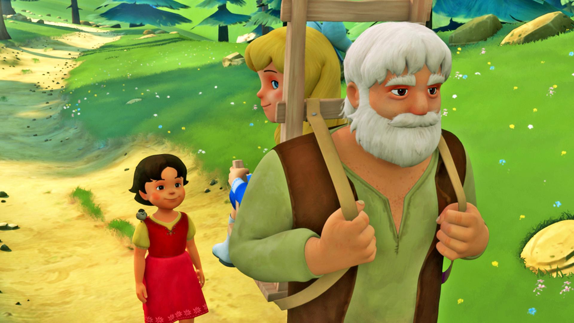 Heidi, Clara und Großvater machen einen Ausflug in die Berge. Sie laufen auf einem Weg durchs Grüne, wobei Großvater Clara auf seinem Rücken trägt.