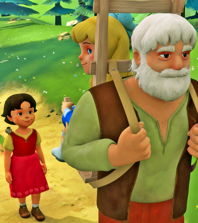 Heidi, Clara und Großvater machen einen Ausflug in die Berge. Sie laufen auf einem Weg durchs Grüne, wobei Großvater Clara auf seinem Rücken trägt.