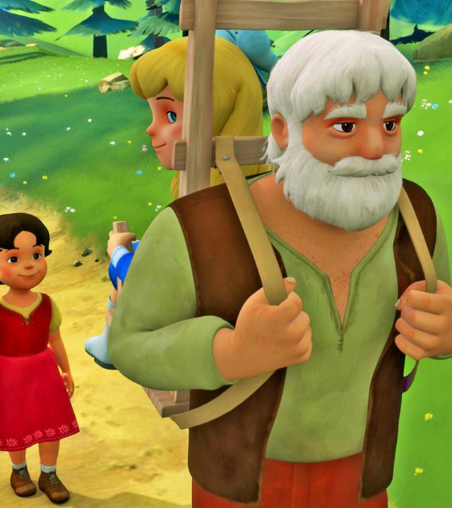 Heidi, Clara und Großvater machen einen Ausflug in die Berge. Sie laufen auf einem Weg durchs Grüne, wobei Großvater Clara auf seinem Rücken trägt.