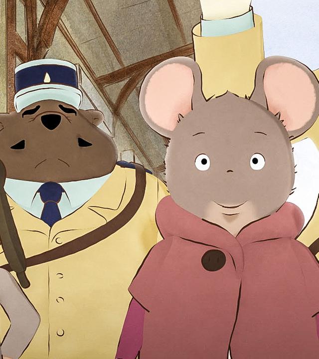 Mandarine, Celestine, Margotine und Melusine stehen am Bahnhof und schauen fröhlich dem Süd-Express nach, der sich ans Meer aufmacht. Die Polizisten stehen hinter ihnen. Einer davon hebt die Hand zum Gruß.