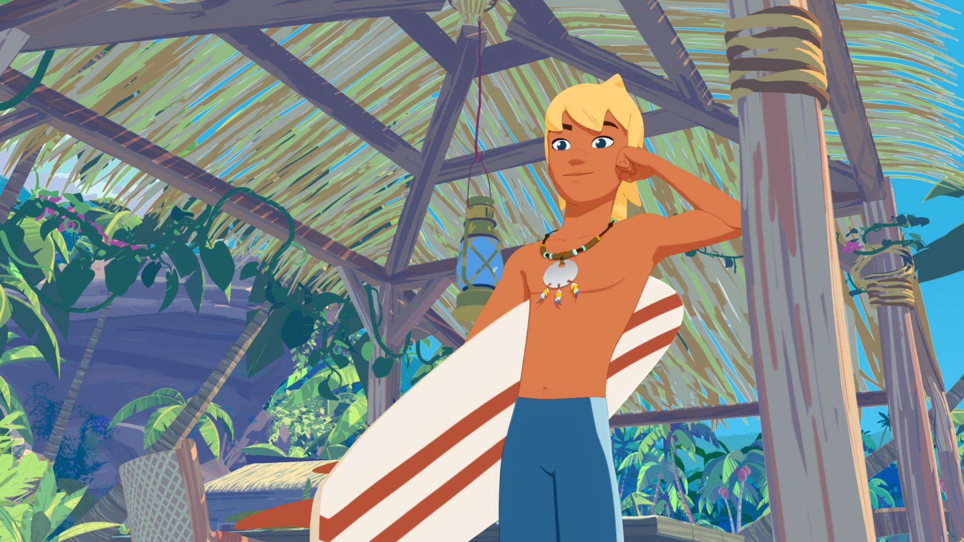 Yann trägt den Talisman des Mutes und der Tapferkeit um den Hals. Unter dem rechten Arm hat er sein Surfboard geklemmt, die linke Hand stützt sein Gesicht, während er sich mit dem linken Ellenbogen am Pfosten einer Hütte anlehnt.