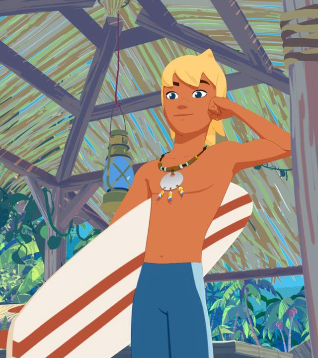 Yann trägt den Talisman des Mutes und der Tapferkeit um den Hals. Unter dem rechten Arm hat er sein Surfboard geklemmt, die linke Hand stützt sein Gesicht, während er sich mit dem linken Ellenbogen am Pfosten einer Hütte anlehnt.