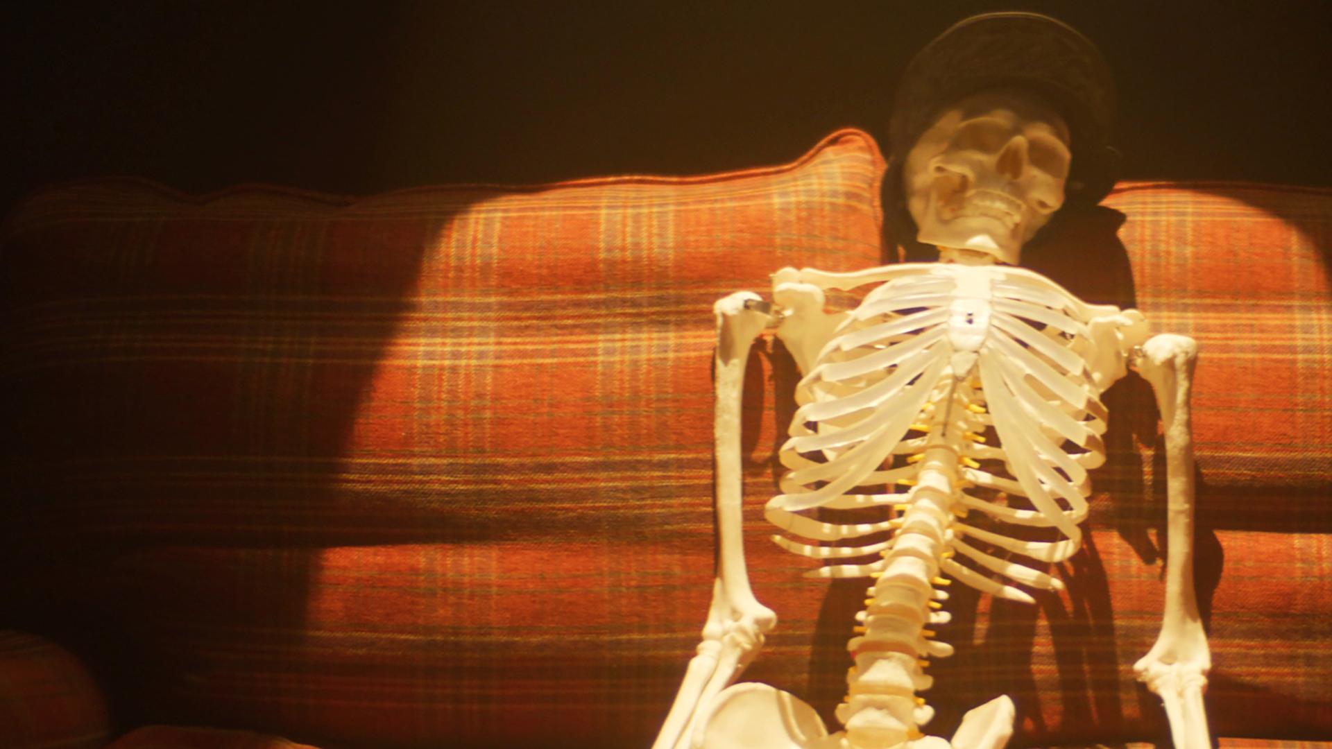 Ein menschliches Skelett sitzt in einem Lichtkegel auf einem karierten Sofa. Es trägt eine Mütze und hat eine Tasse neben sich stehen.