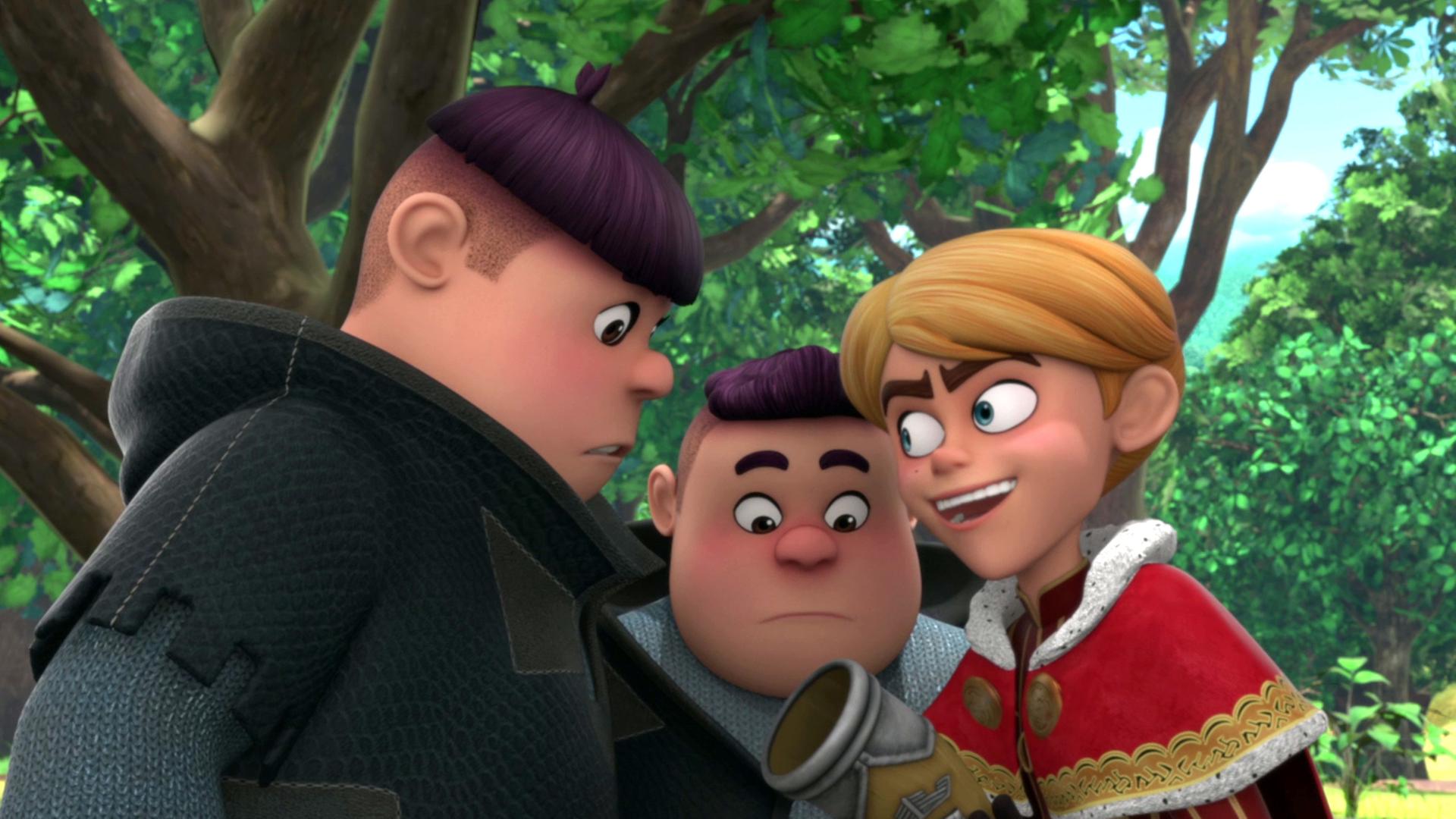 Prinz John (rechts) hält ein Jagdhorn in der Hand. Dicht bei ihm stehen Ralf (Mitte) und Rolf (links).