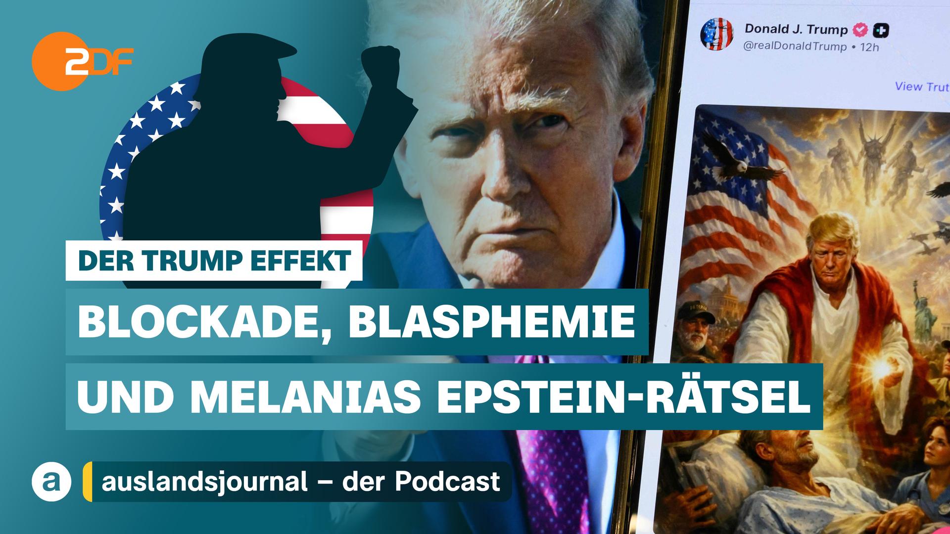 Donald Trump mit erhobener Faust als Schattenriss vor US-Flagge, darunter Schriftzug: "Der Trump Effekt - Blockade, Blasphemie und Melanias Epstein-Rätsel", rechts Foto von Donald Trump neben KI-Bild Trump als Jesus
