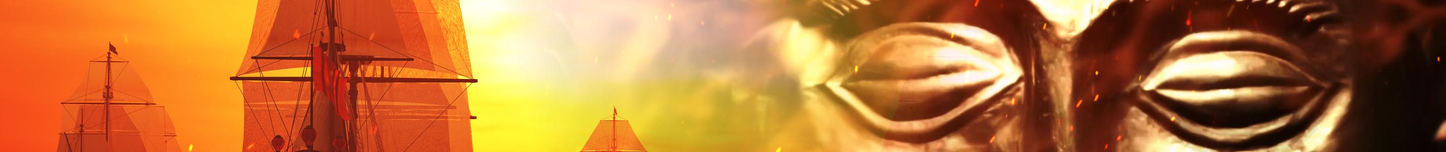 Montage: Rechts eine alte, goldene Maske, links eine drei Schiffe, die in den Sonnenuntergang segeln.