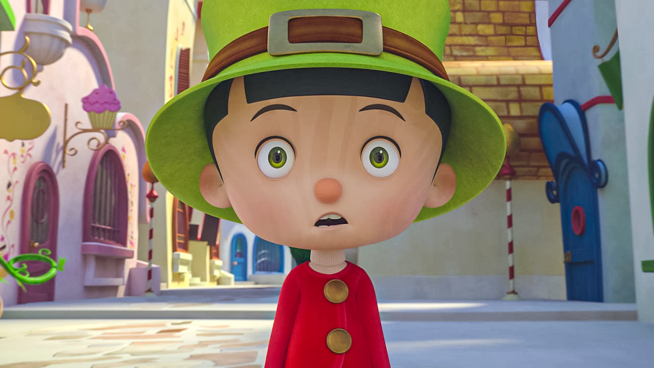 Pinocchio schaut entsetzt. Er trägt einen grünen Hut.