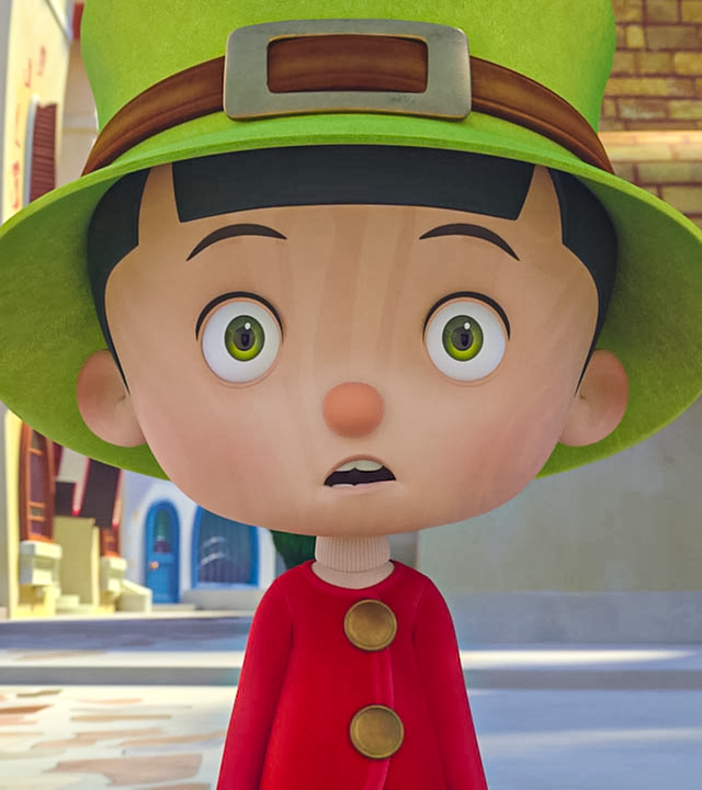 Pinocchio schaut entsetzt. Er trägt einen grünen Hut.