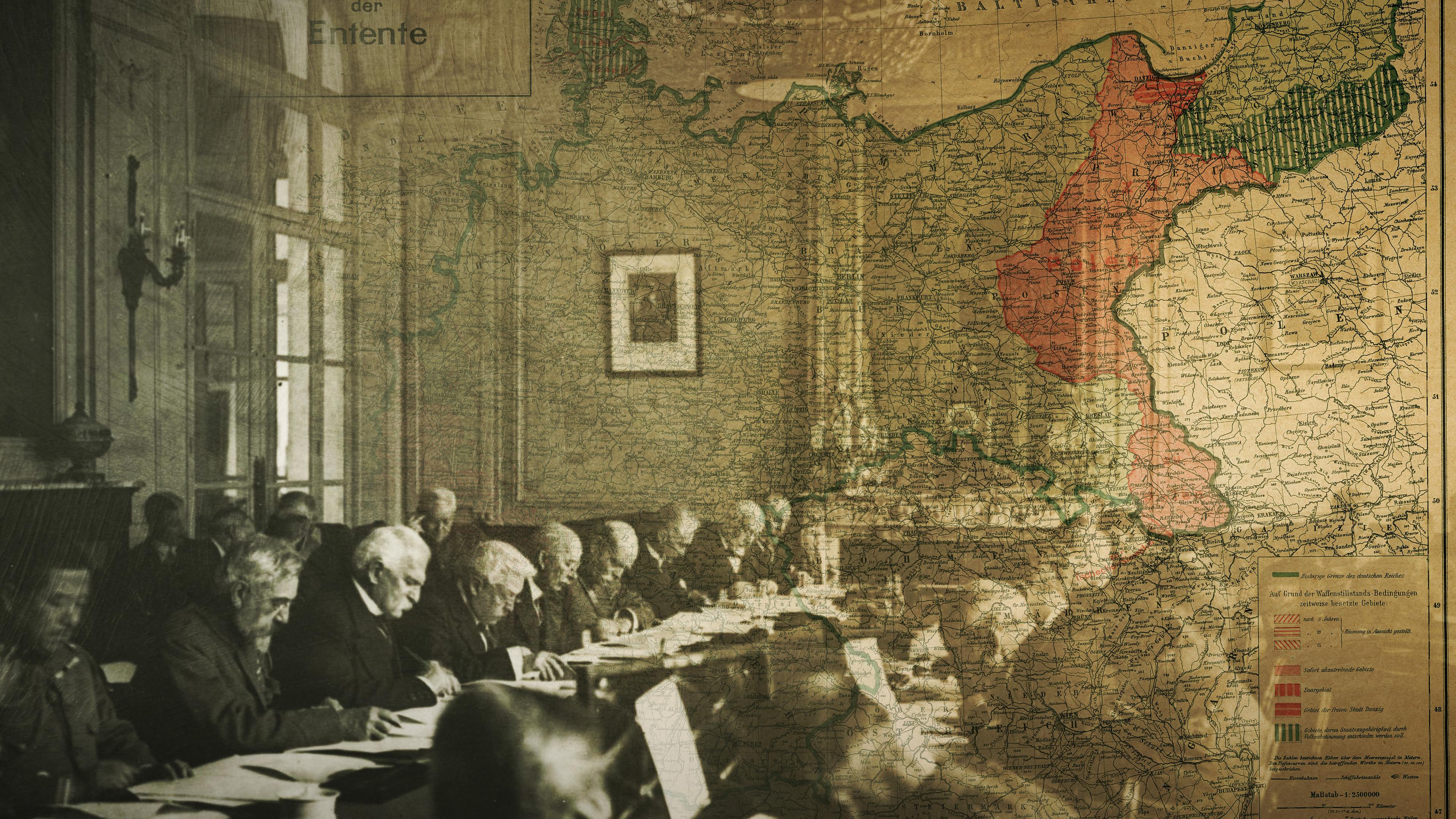 Mitglieder eines Komitees, die sich Dokumente für den Friedensvertrag von Versailles