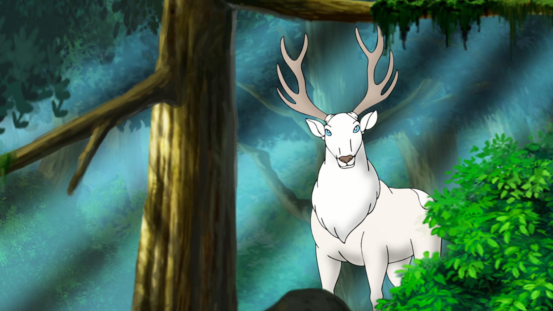 Zwischen zwei Bäumen steht ein weißer Hirsch.