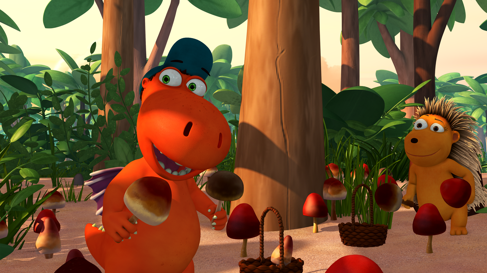 Der kleine Drache Kokosnuss und Matilda sammeln die geheimen Pilze im Wald. Sie haben schon viele gefunden und halten einige in den Händen.