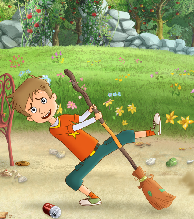 Luis fegt mit dem Zaubersauberbesen, der wild tanzt.