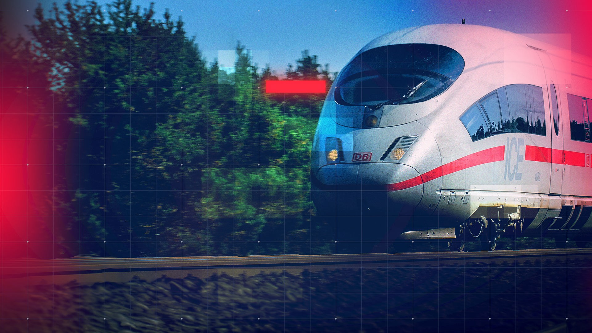 Ein moderner weißer ICE-Hochgeschwindigkeitszug der Deutschen Bahn fährt auf einer Bahnstrecke durch eine bewaldete Landschaft. Über das digital bearbeitete Bild sind halbtransparente rote und blaue Grafikelemente sowie ein feines grafisches Raster-Overlay gelegt, wodurch ein modernes, redaktionelles Erscheinungsbild entsteht.