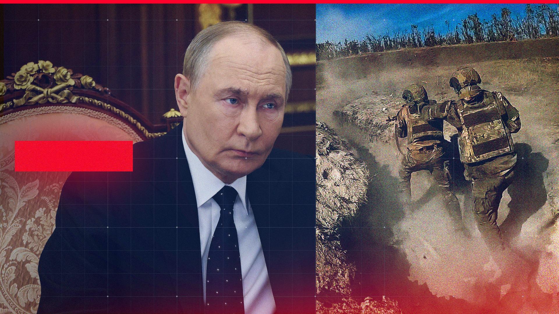 Splitscreeen, rechts: Zwei russische Soldaten im Kampf an der Front. Links: Porträt von Putin 