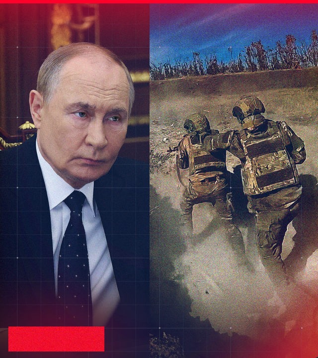 Splitscreeen, rechts: Zwei russische Soldaten im Kampf an der Front. Links: Porträt von Putin 