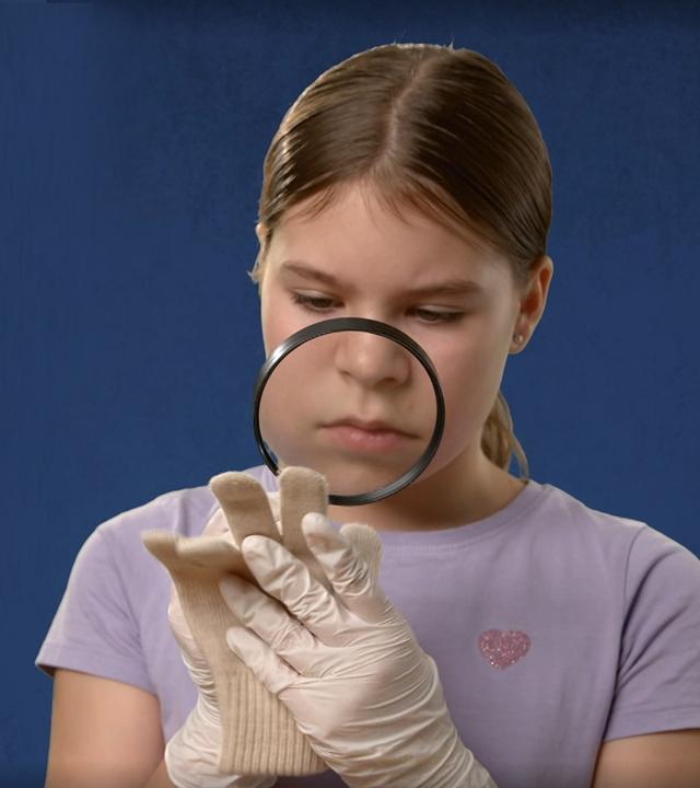 Ein Mädchen untersucht mit der Lupe einen Handschuh