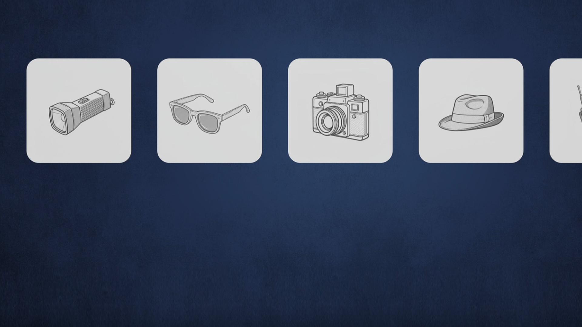 Fünf verschiedene Symbole als Beispiel für knifflige Kombinationsaufgaben: Taschenlampe, Brille, Fotoapparat, Hut und Funkgeräte